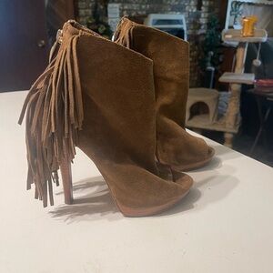 Naughty Monkey Leather Fringe Peep Toe Zip Up 6” Heels